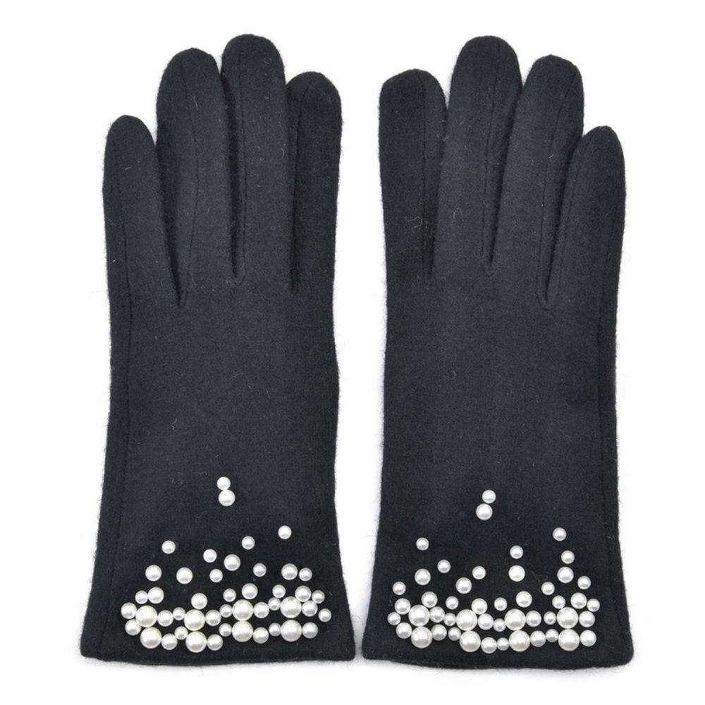 Black Cashmere Blend Fine Knit Faux Pearl Beaded Fleece Lined E Tip Gloves
